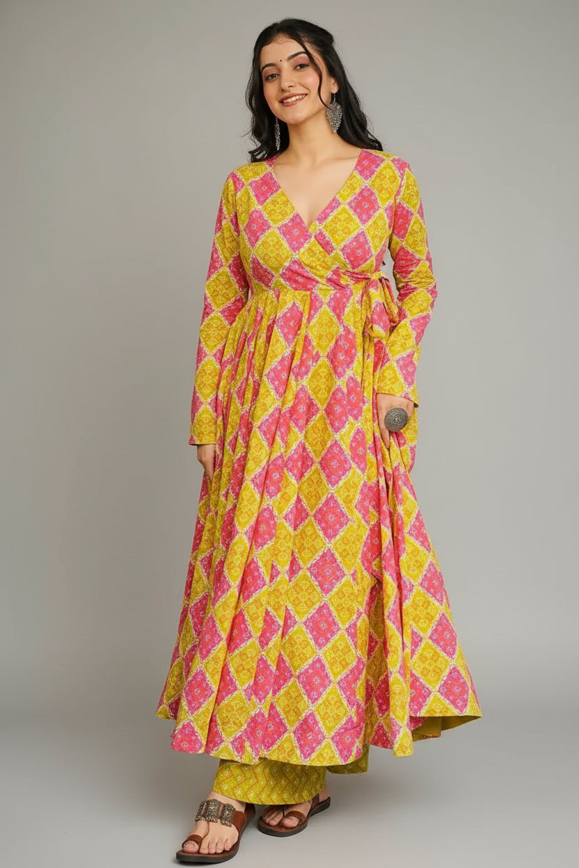 Pink and Yellow Rayon Printed Kurti Set - yellow rayon saree Main image