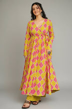 Pink and Yellow Rayon Printed Kurti Set - yellow rayon saree