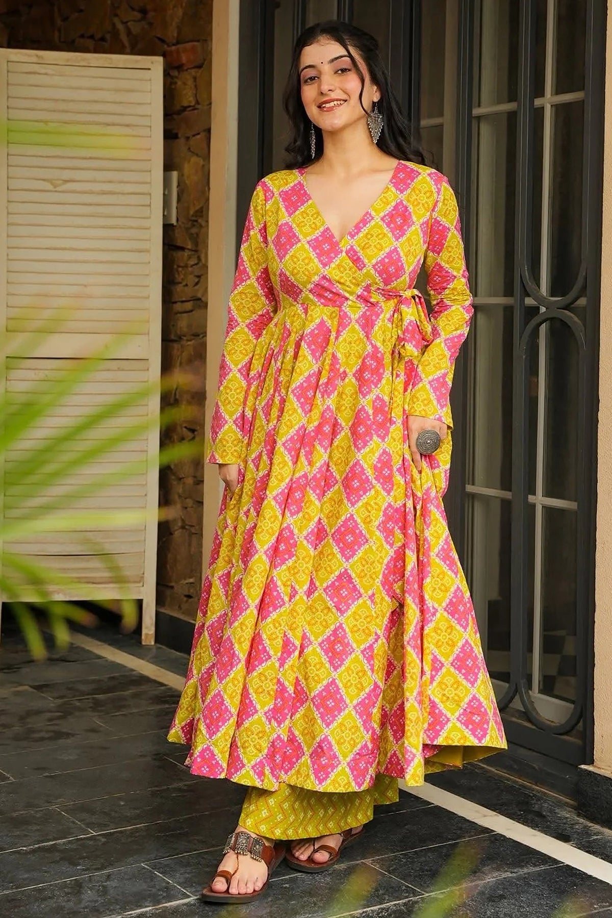 Pink and Yellow Rayon Printed Kurti Set