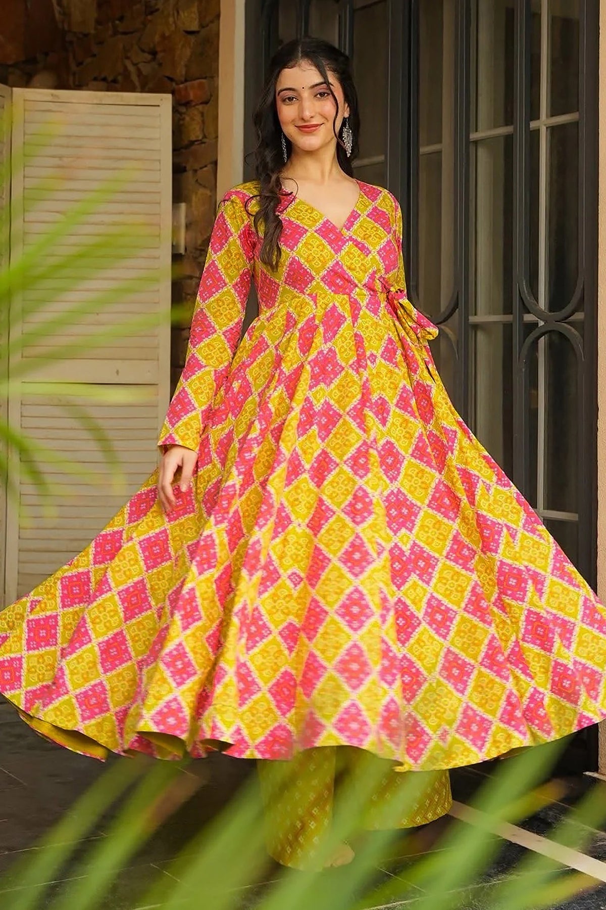 Pink and Yellow Rayon Printed Kurti Set - yellow rayon saree