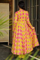 Pink and Yellow Rayon Printed Kurti Set