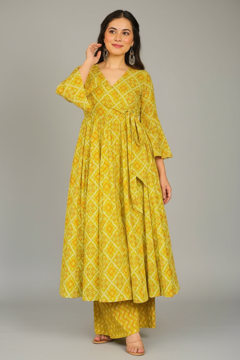 Yellow Rayon Printed Anarkali Kurti and Palazzo Set - yellow rayon saree Main image