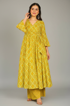 Yellow Rayon Printed Anarkali Kurti and Palazzo Set - yellow rayon saree
