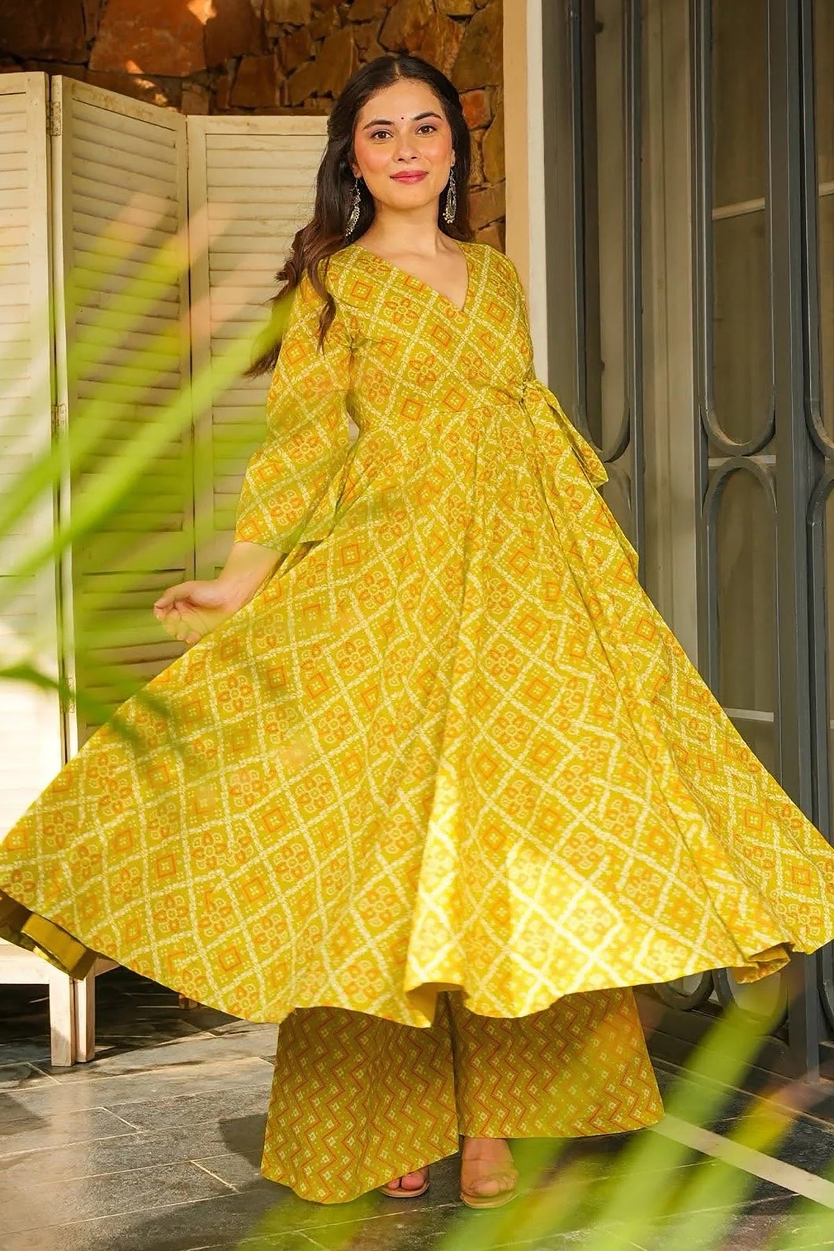 Yellow Rayon Printed Anarkali Kurti and Palazzo Set - yellow rayon saree