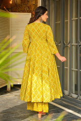Yellow Rayon Printed Anarkali Kurti and Palazzo Set