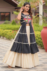 Black Cotton Kachchi Worked Shrug with Plain Lehenga