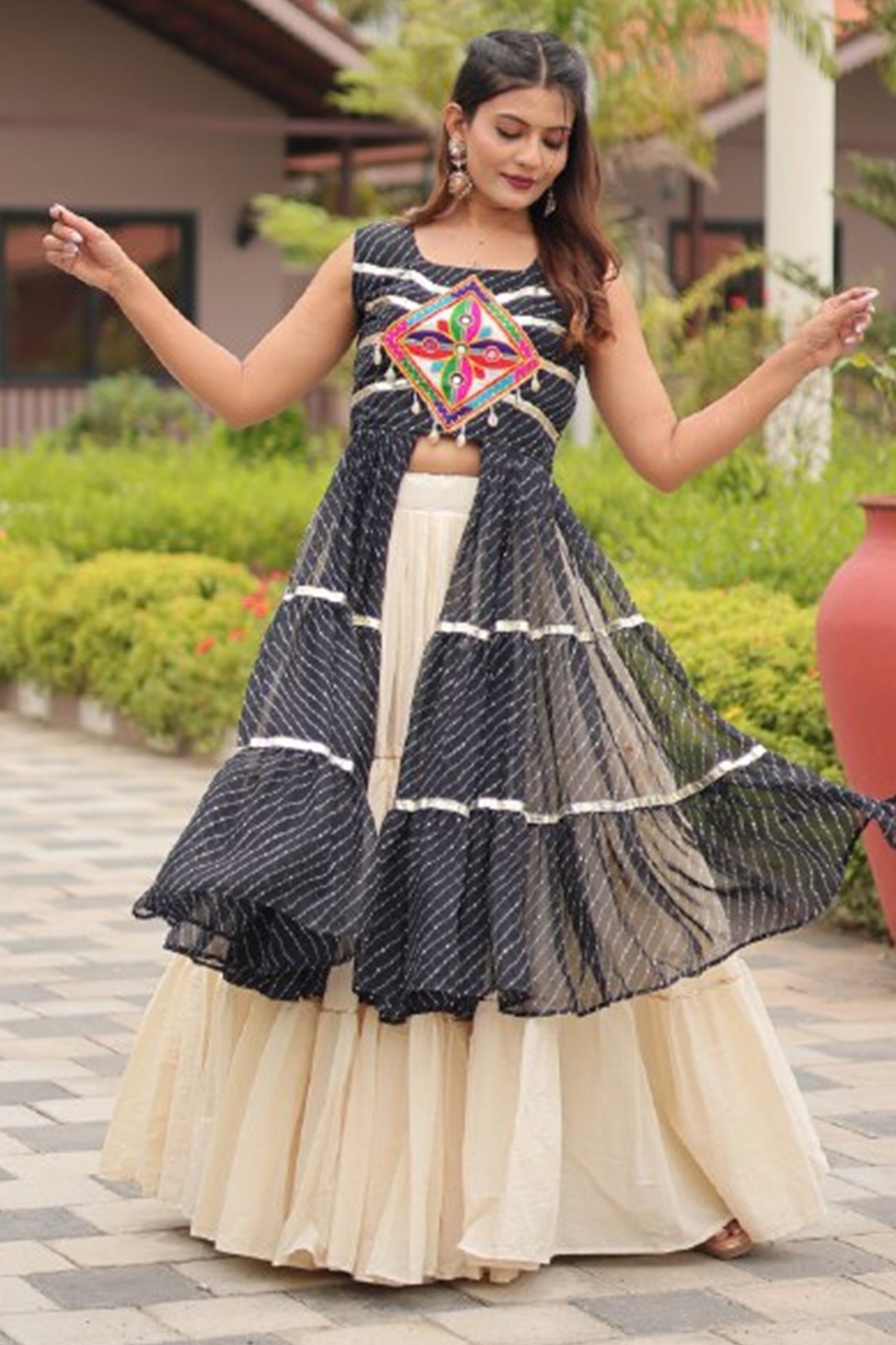 Black Cotton Kachchi Worked Shrug with Plain Lehenga