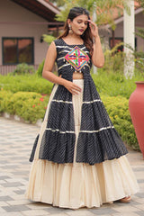 Black Cotton Kachchi Worked Shrug with Plain Lehenga