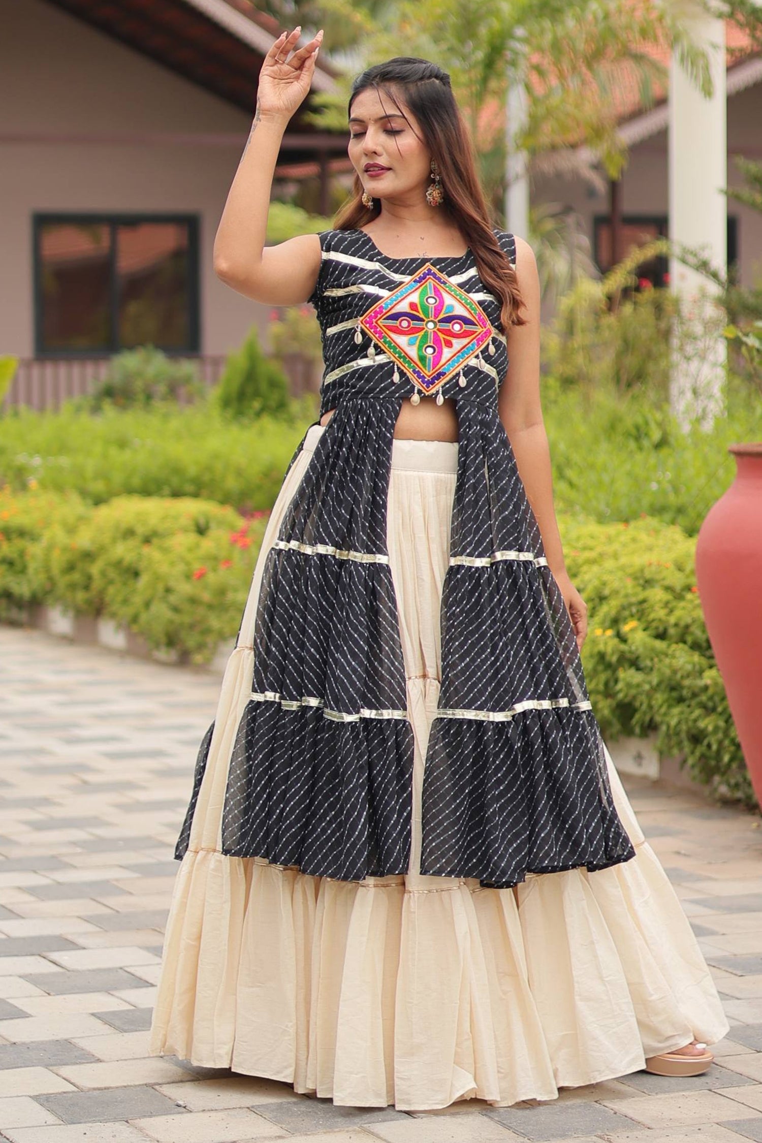 Black Cotton Kachchi Worked Shrug with Plain Lehenga