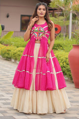 Pink Cotton Kachchi Worked Shrug with Plain Lehenga