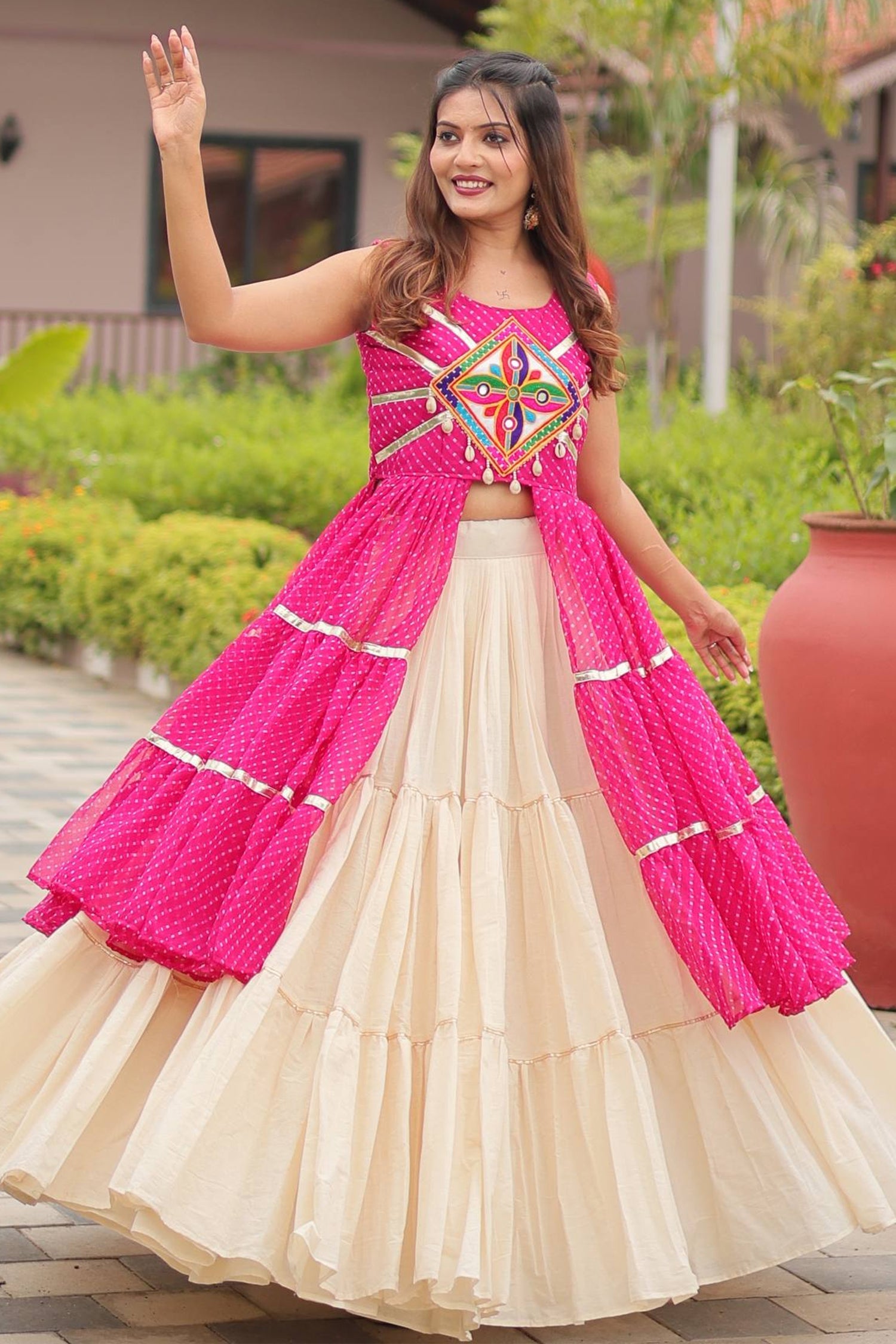 Pink Cotton Kachchi Worked Shrug with Plain Lehenga