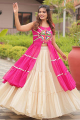 Pink Cotton Kachchi Worked Shrug with Plain Lehenga