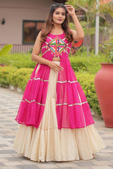Pink Cotton Kachchi Worked Shrug with Plain Lehenga
