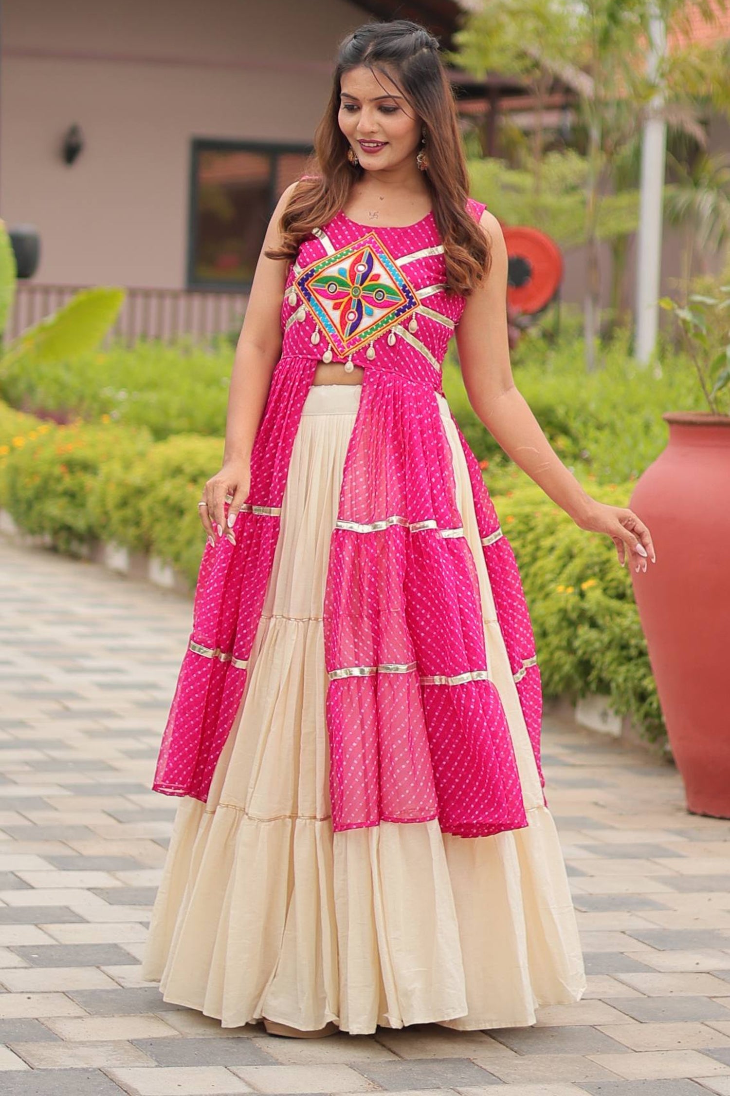 Pink Cotton Kachchi Worked Shrug with Plain Lehenga
