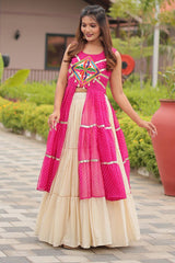 Pink Cotton Kachchi Worked Shrug with Plain Lehenga