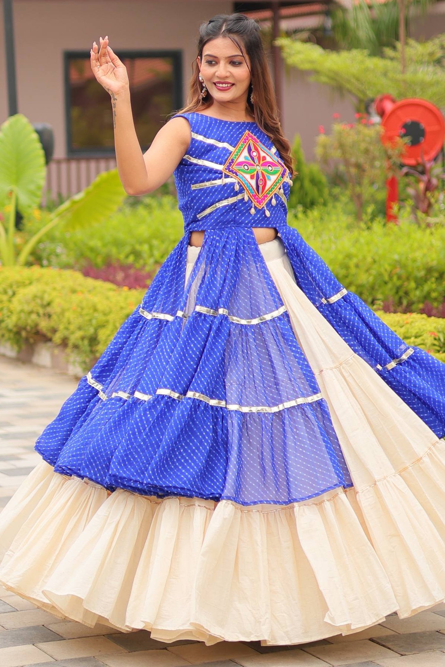 Blue Cotton Kachchi Worked Shrug with Plain Lehenga