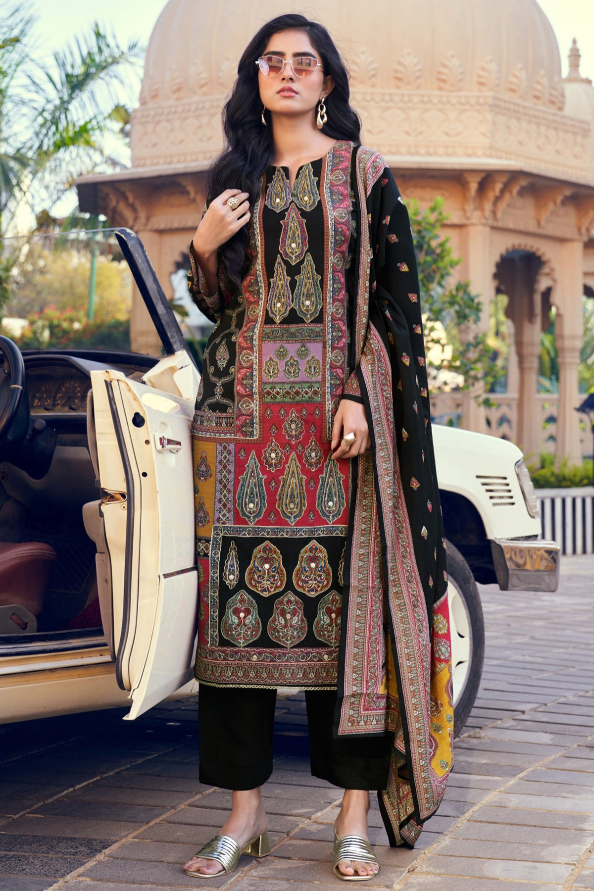 Black Art Silk Printed Straight Cut Kurti Set