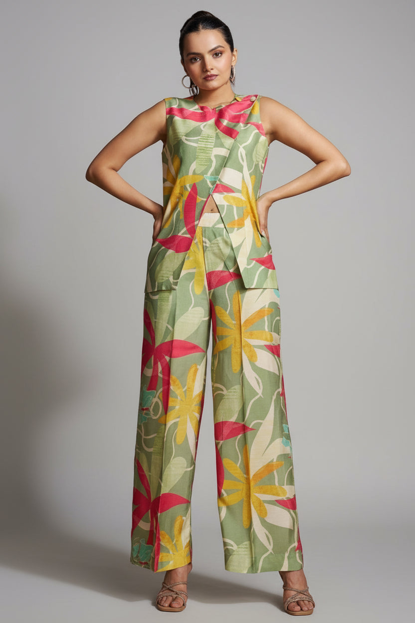 Green Muslin Silk Printed Co-Ord Set - green silk saree Main image