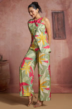 Green Muslin Silk Printed Co-Ord Set - green silk saree