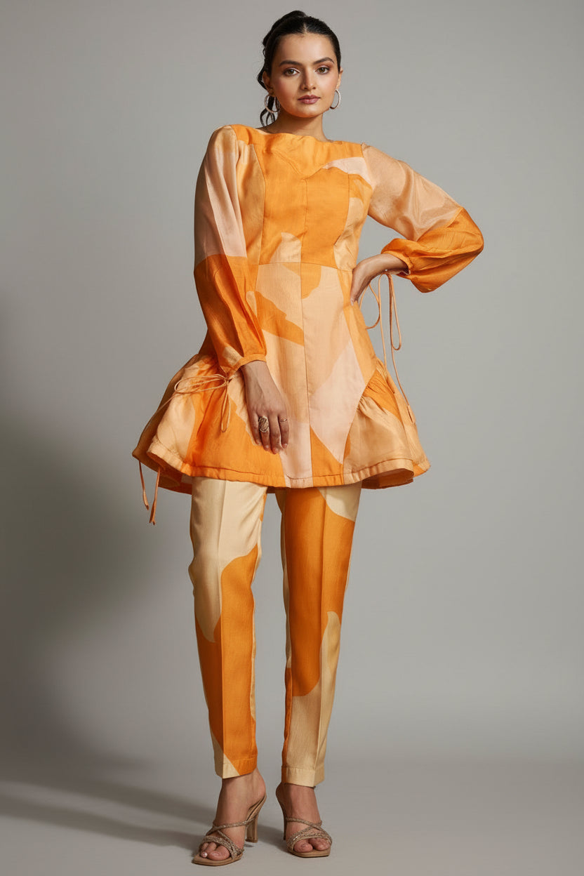 Orange Muslin Silk Printed Co-Ord Set - orange silk saree