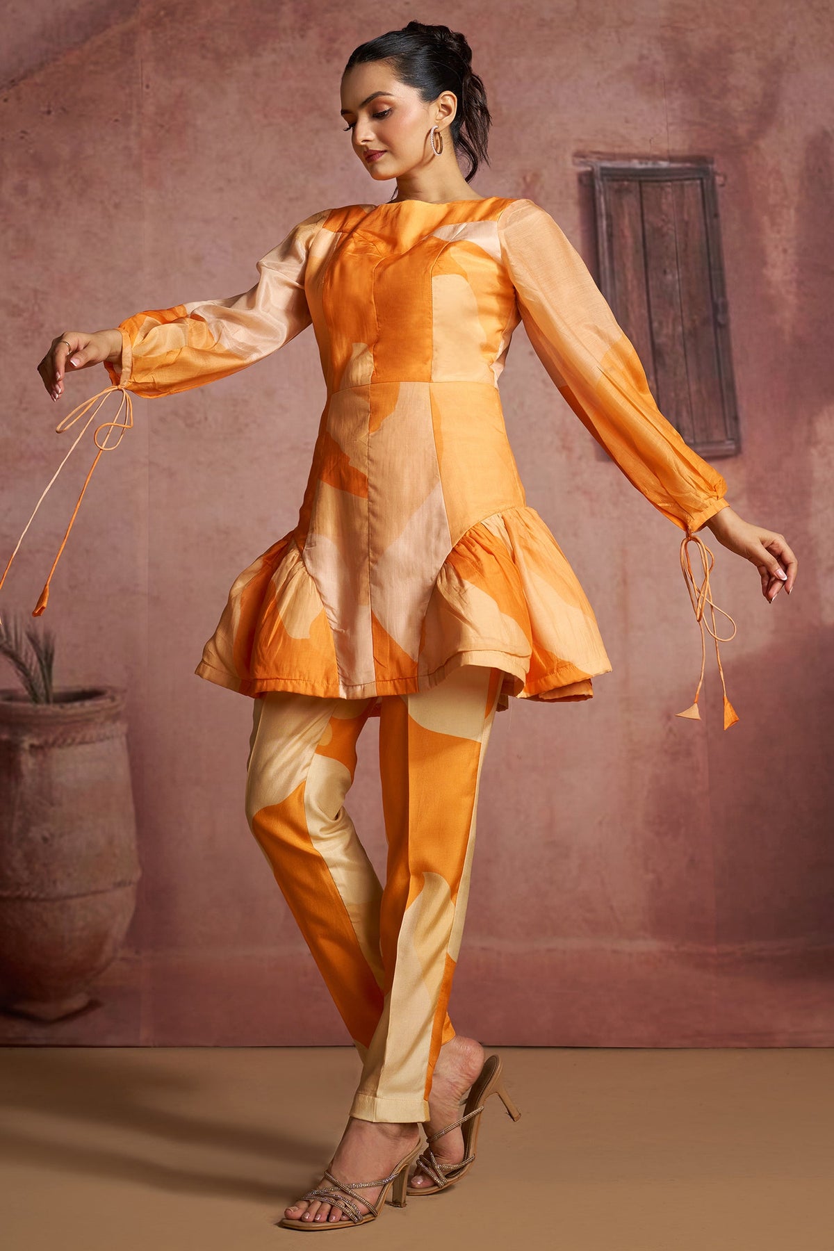 Orange Muslin Silk Printed Co-Ord Set - orange silk saree