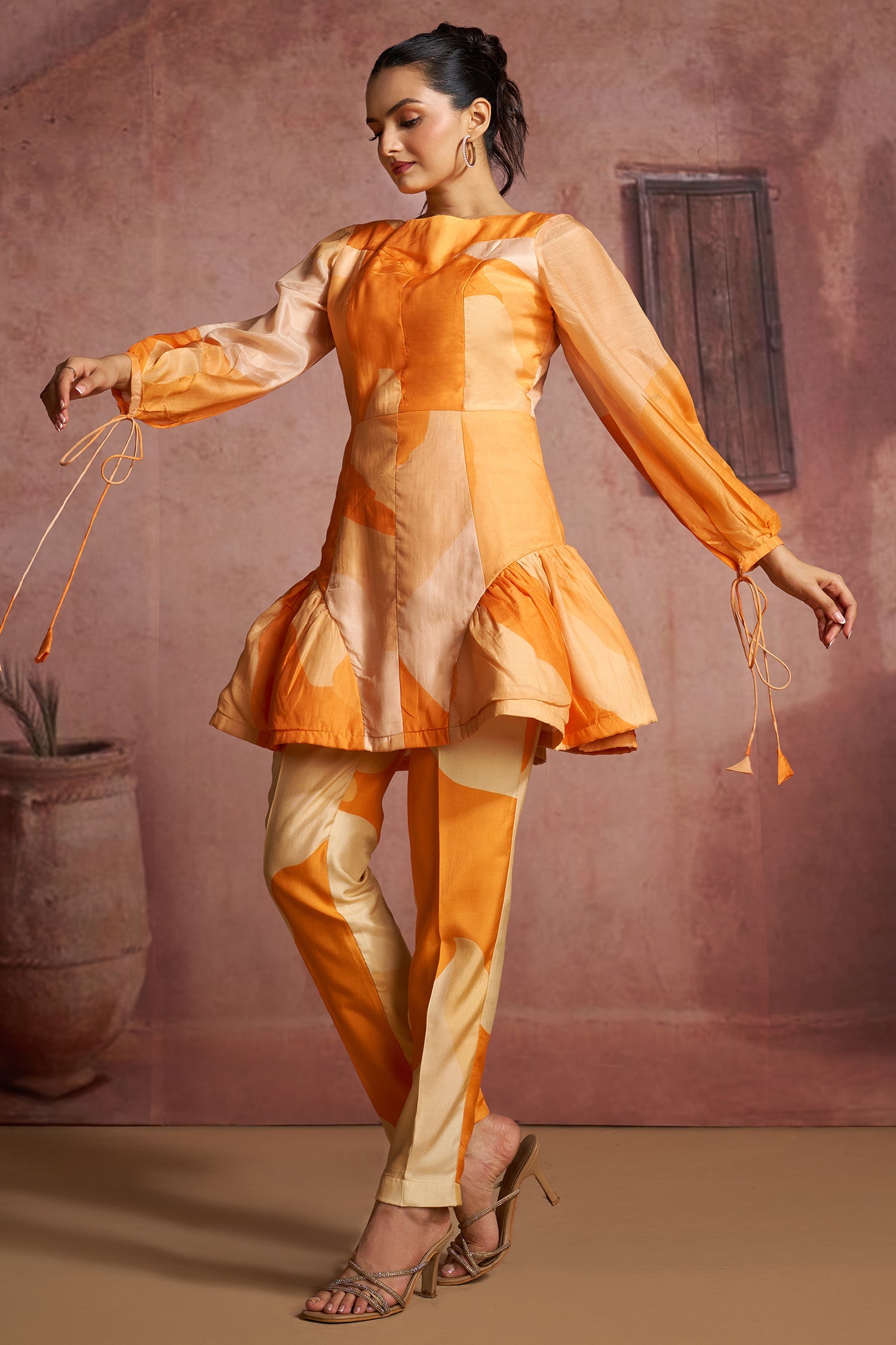 Orange Muslin Silk Printed Co-Ord Set - orange silk saree