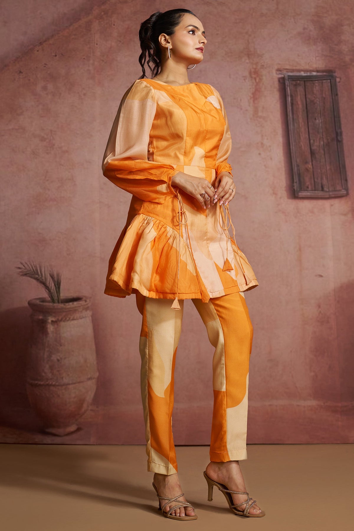 Orange Muslin Silk Printed Co-Ord Set - orange silk saree