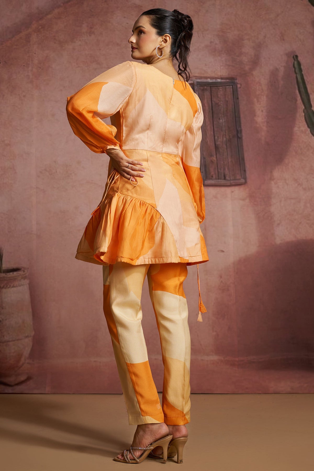 Orange Muslin Silk Printed Co-Ord Set - orange silk saree