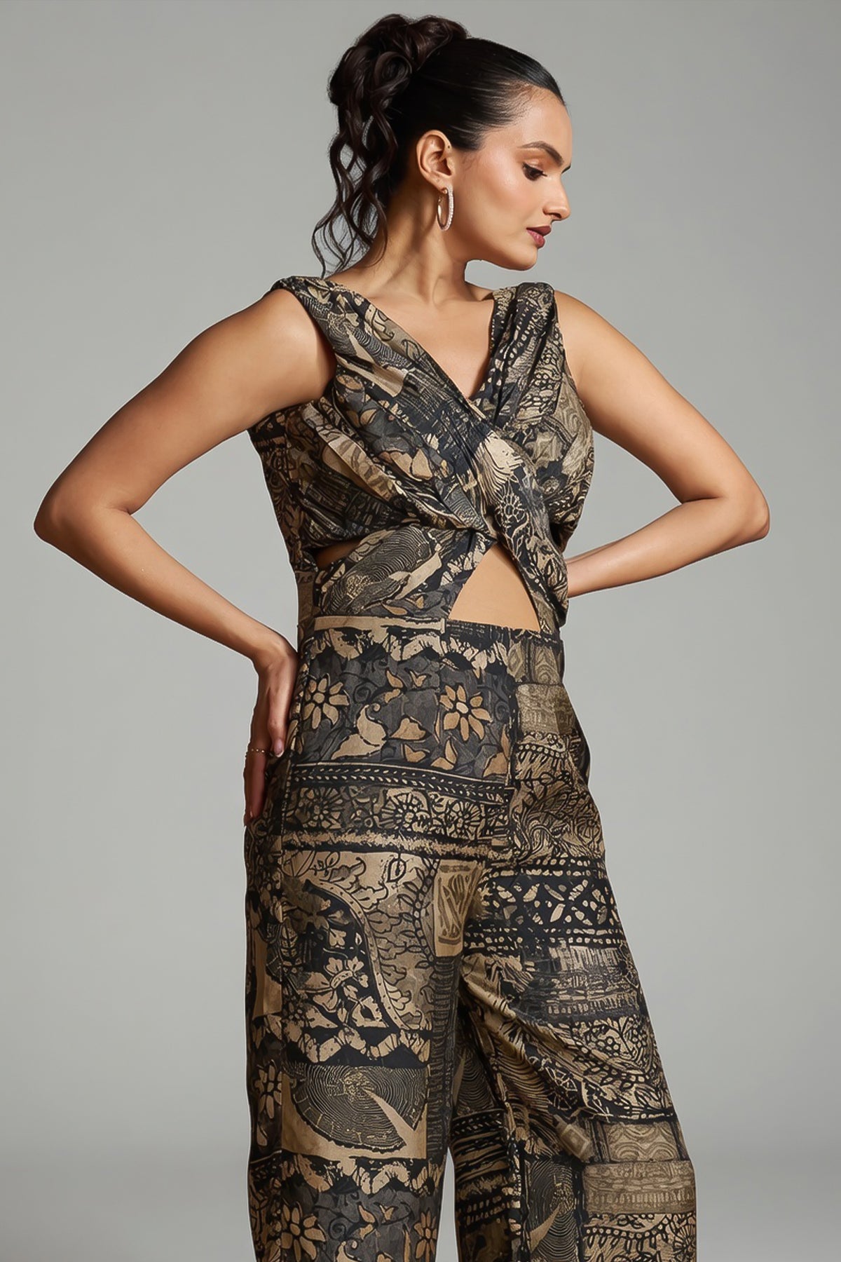 Black Muslin Fancy Printed Jumpsuit - black muslin saree