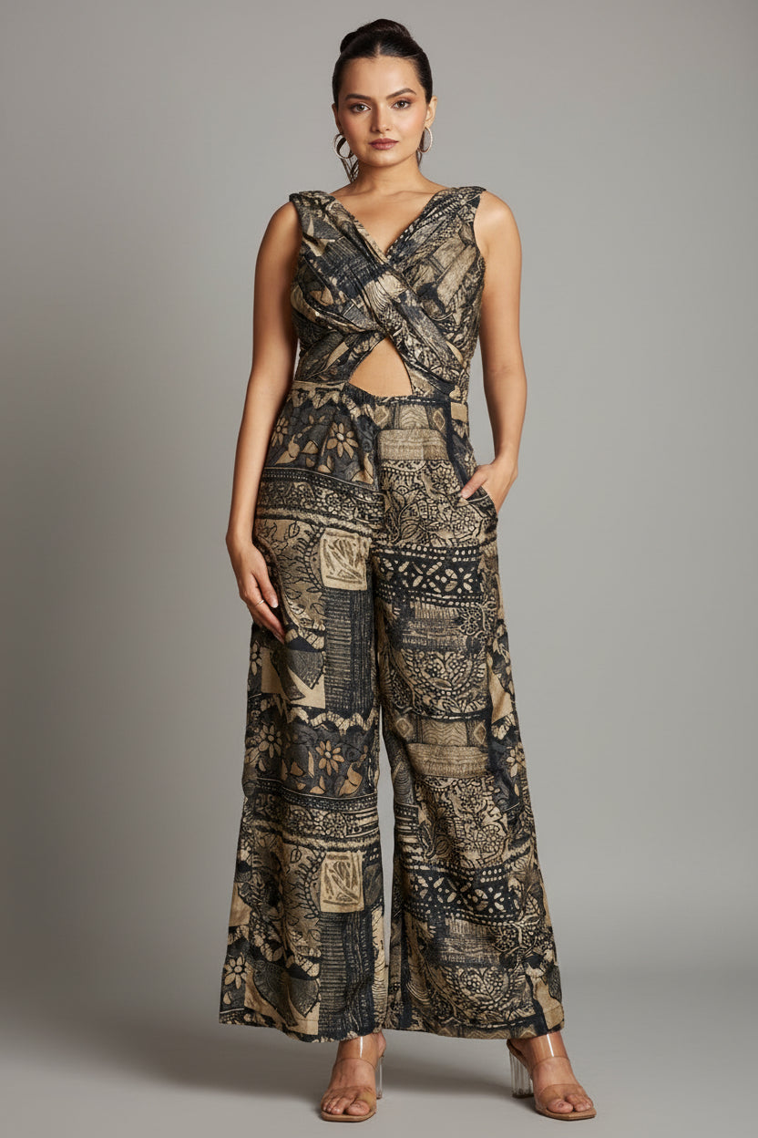 Black Muslin Fancy Printed Jumpsuit - black muslin saree Main image