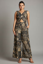 Black Muslin Fancy Printed Jumpsuit - black muslin saree