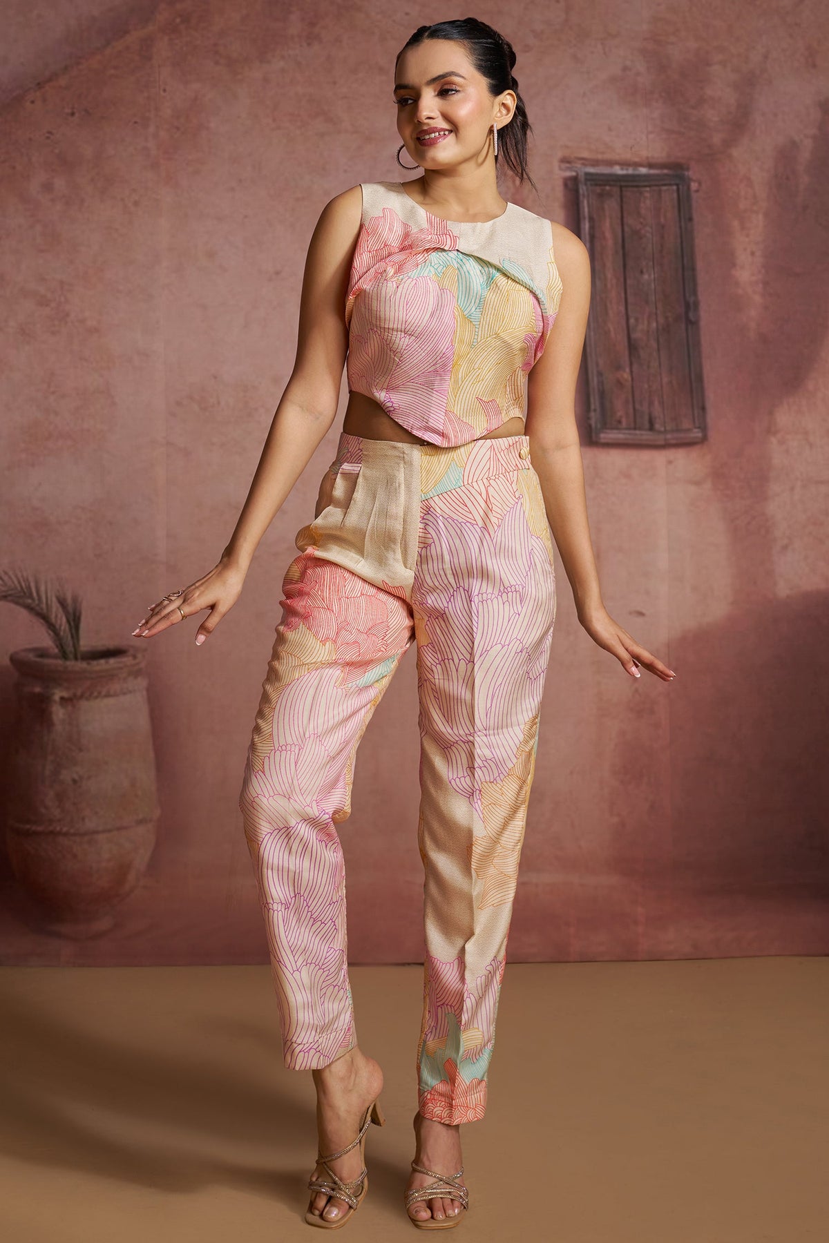 Multi Colored Muslin Silk Printed Co-Ord Set - red silk saree