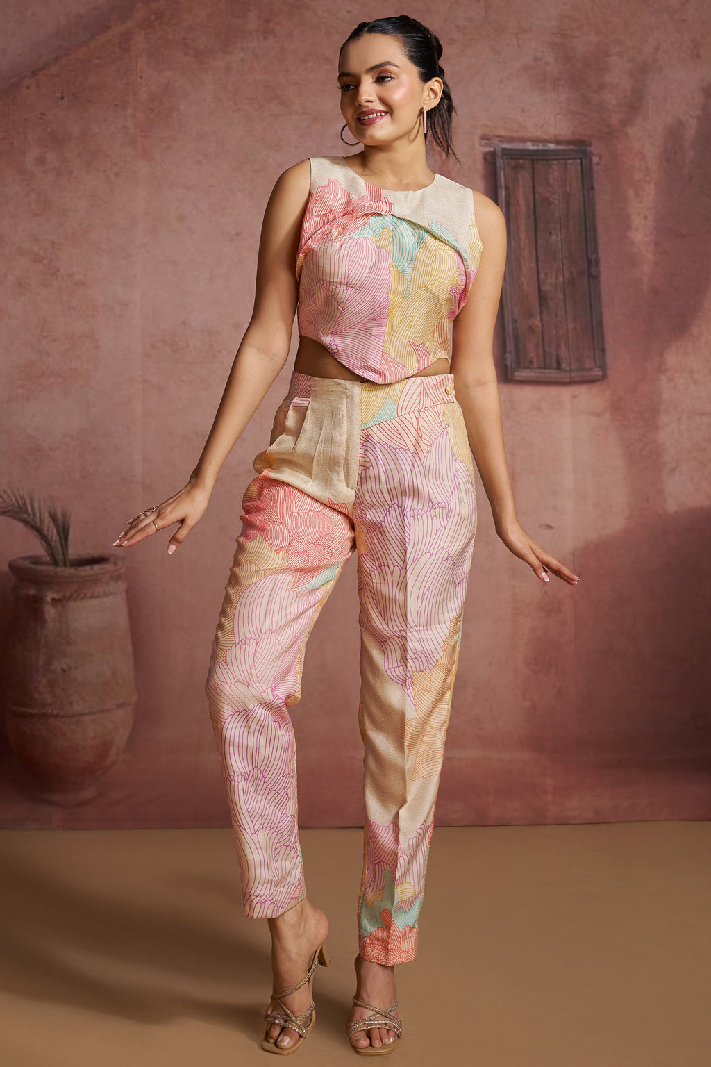 Multi Colored Muslin Silk Printed Co-Ord Set - red silk saree
