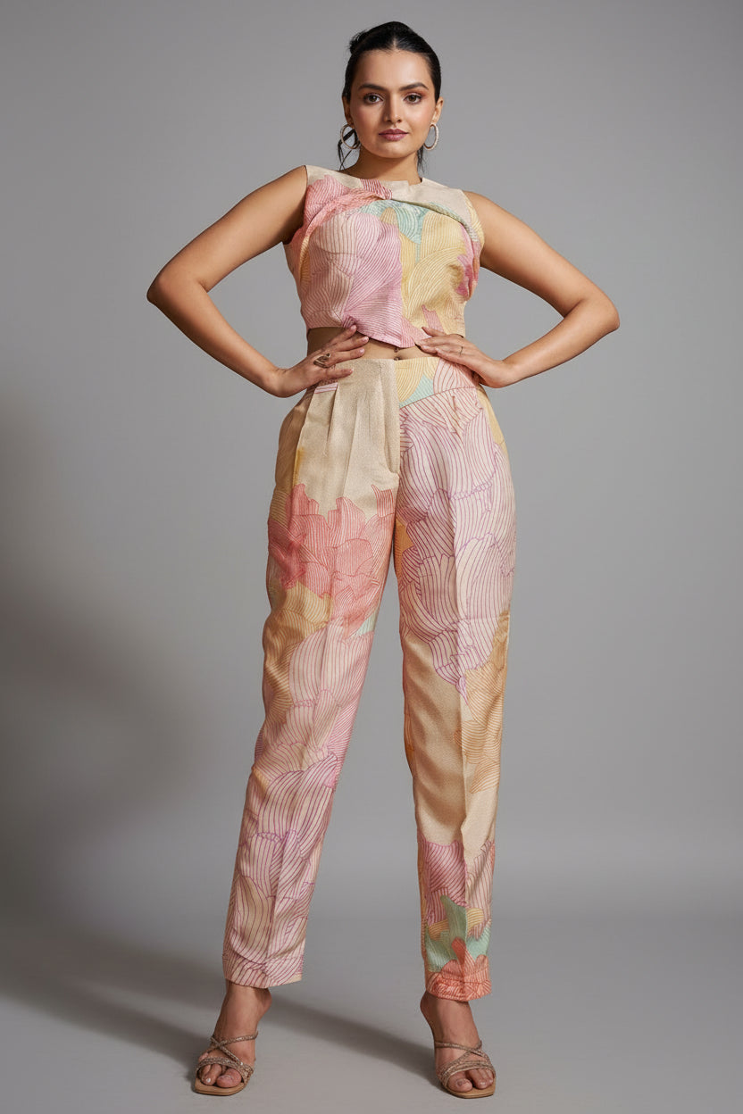 Multi Colored Muslin Silk Printed Co-Ord Set - red silk saree Main image