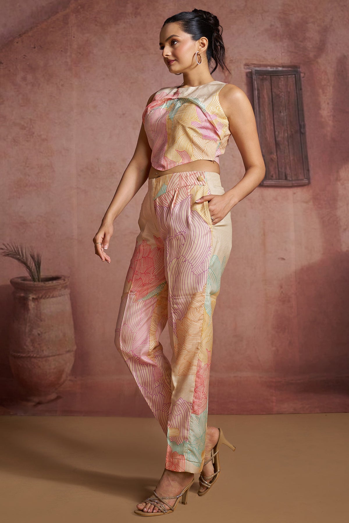 Multi Colored Muslin Silk Printed Co-Ord Set - red silk saree