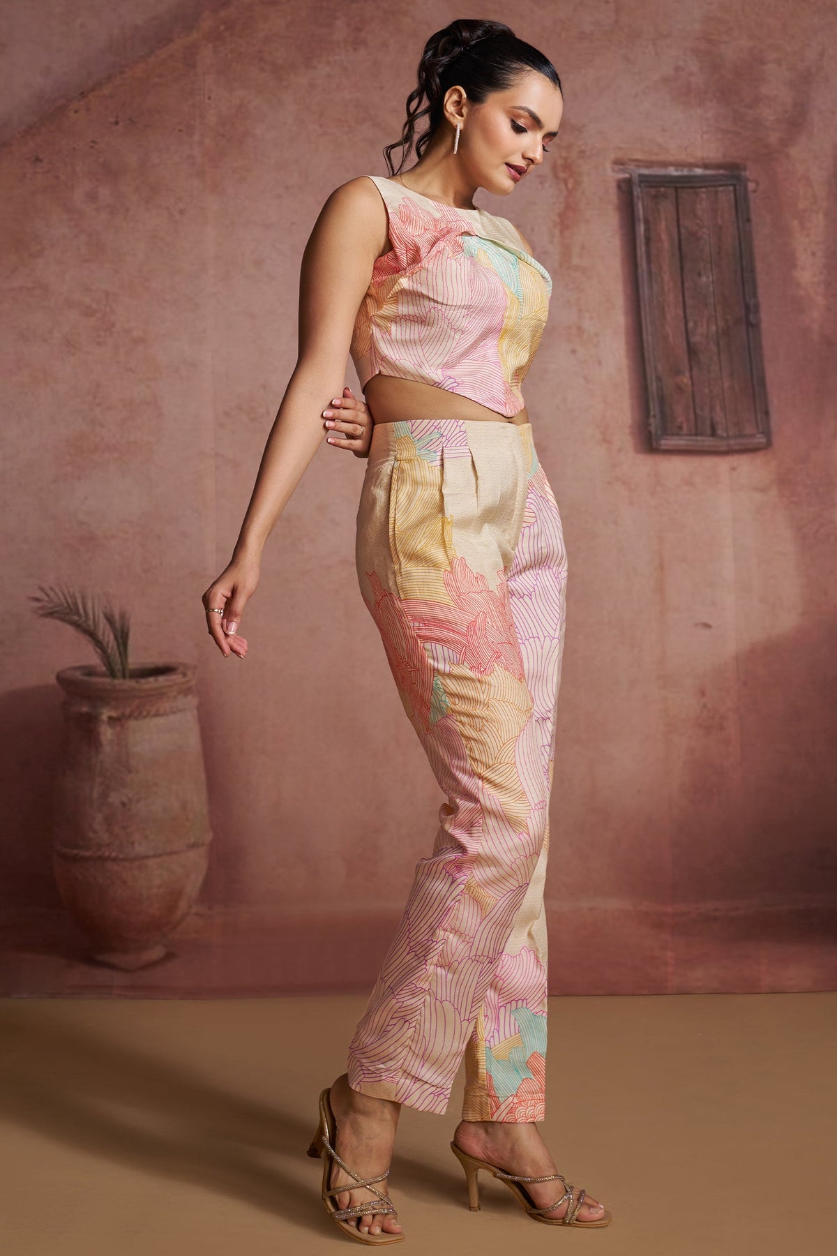 Multi Colored Muslin Silk Printed Co-Ord Set - red silk saree