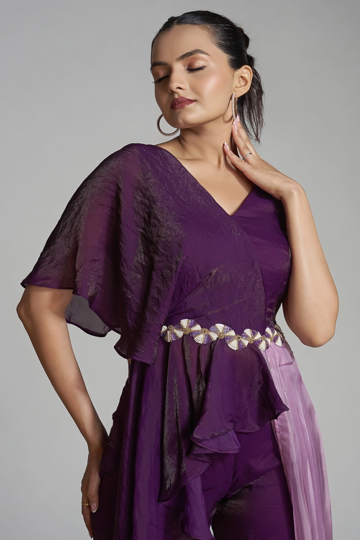Purple Organza One Shoulder Crop Top Bottom Set - purple organza saree