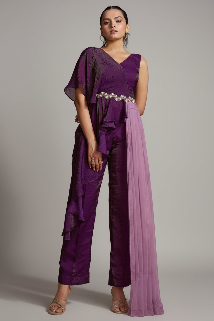 Purple Organza One Shoulder Crop Top Bottom Set - purple organza saree