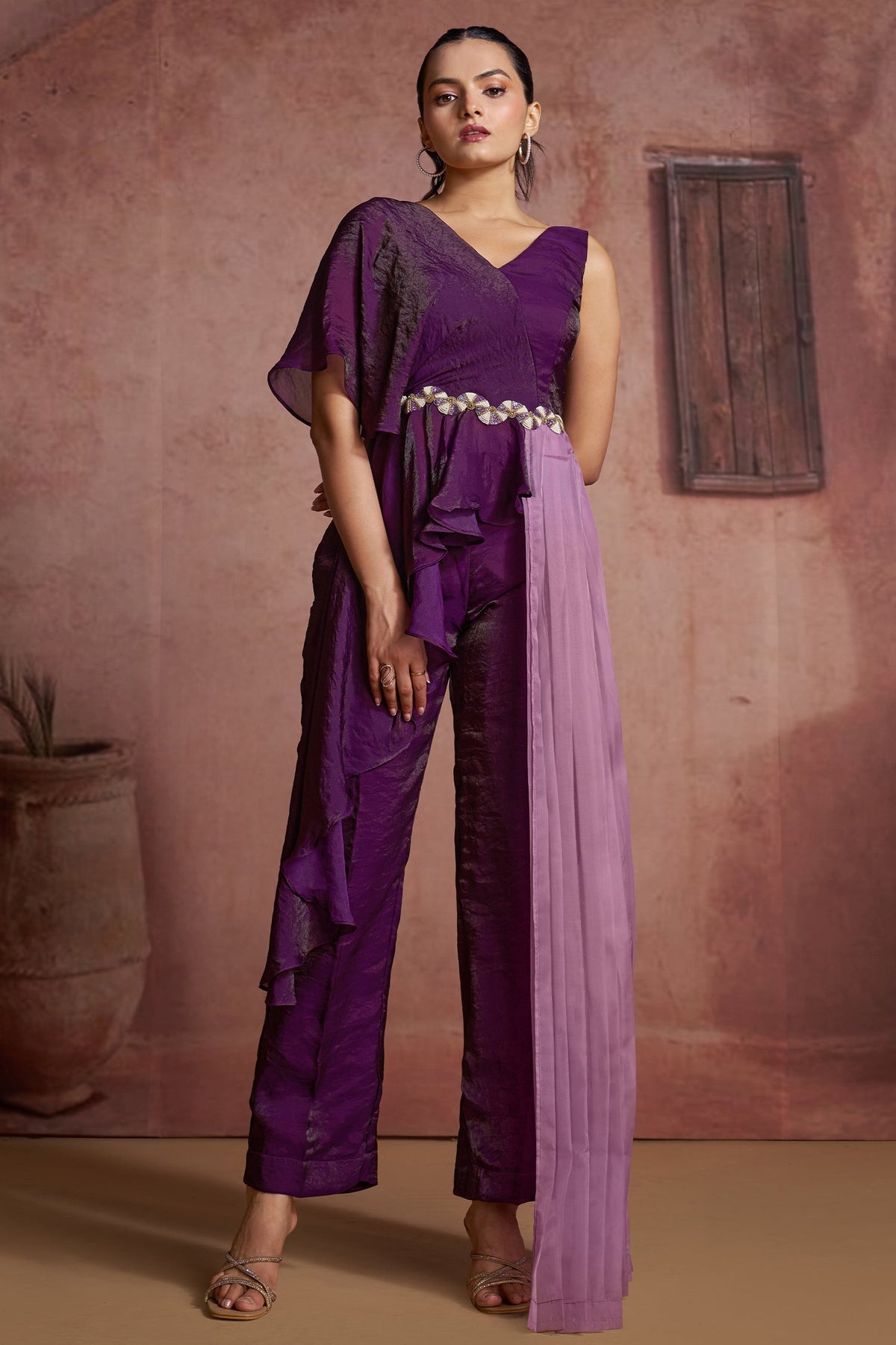 Purple Organza One Shoulder Crop Top Bottom Set