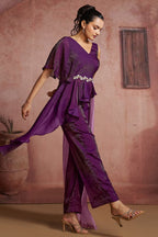 Purple Organza One Shoulder Crop Top Bottom Set - purple organza saree