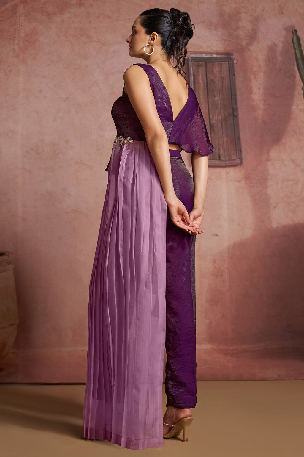 Purple Organza One Shoulder Crop Top Bottom Set - purple organza saree