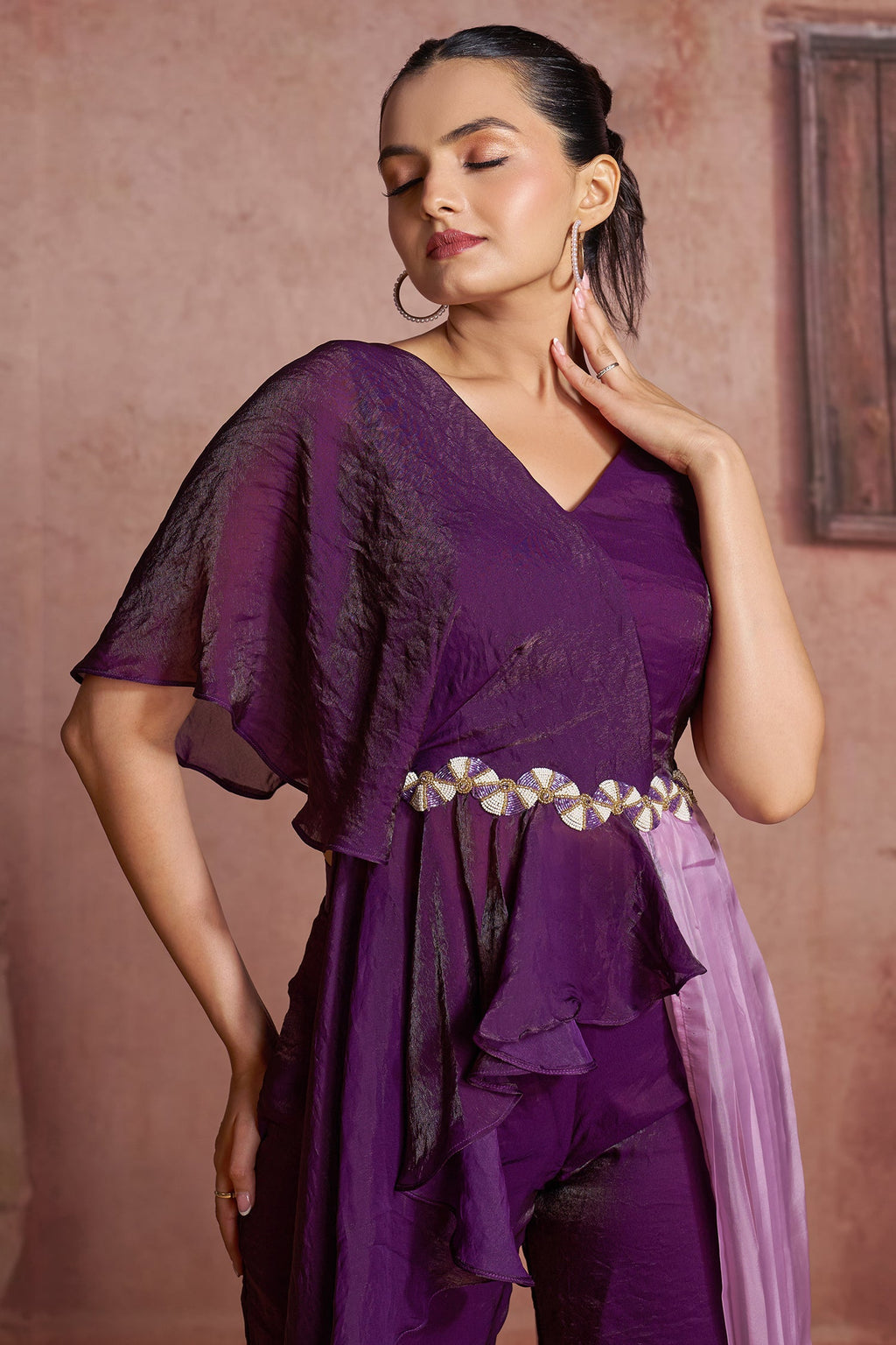 Purple Organza One Shoulder Crop Top Bottom Set - purple organza saree