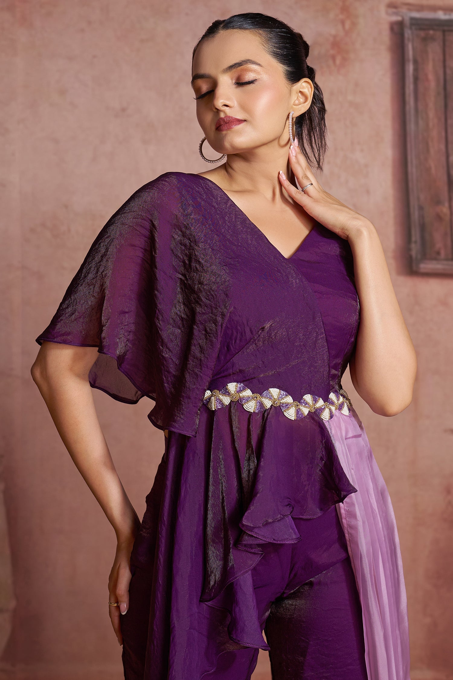 Purple Organza One Shoulder Crop Top Bottom Set - purple organza saree