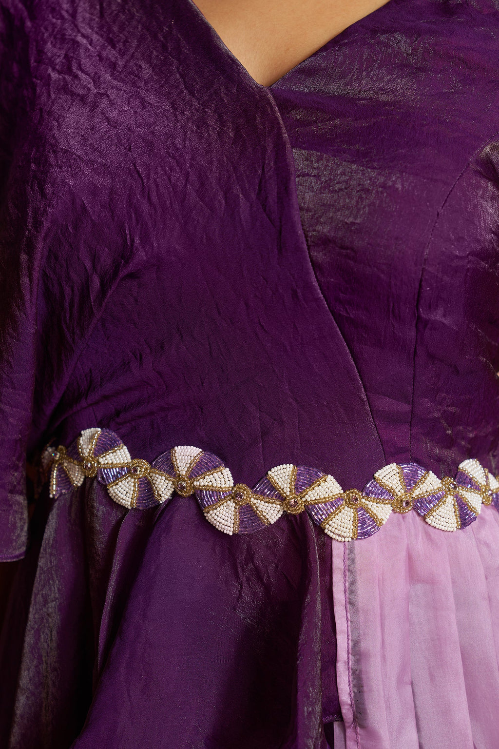 Purple Organza One Shoulder Crop Top Bottom Set - purple organza saree