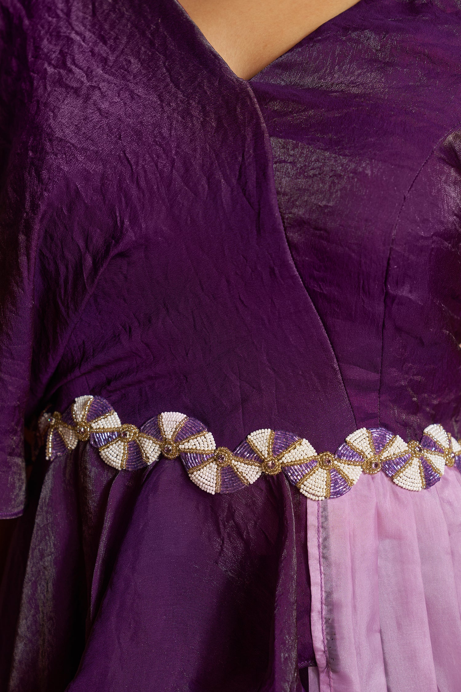 Purple Organza One Shoulder Crop Top Bottom Set - purple organza saree