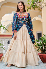 Blue Cotton Kachchi Work Shrug with Plain Lehenga