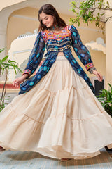 Blue Cotton Kachchi Work Shrug with Plain Lehenga