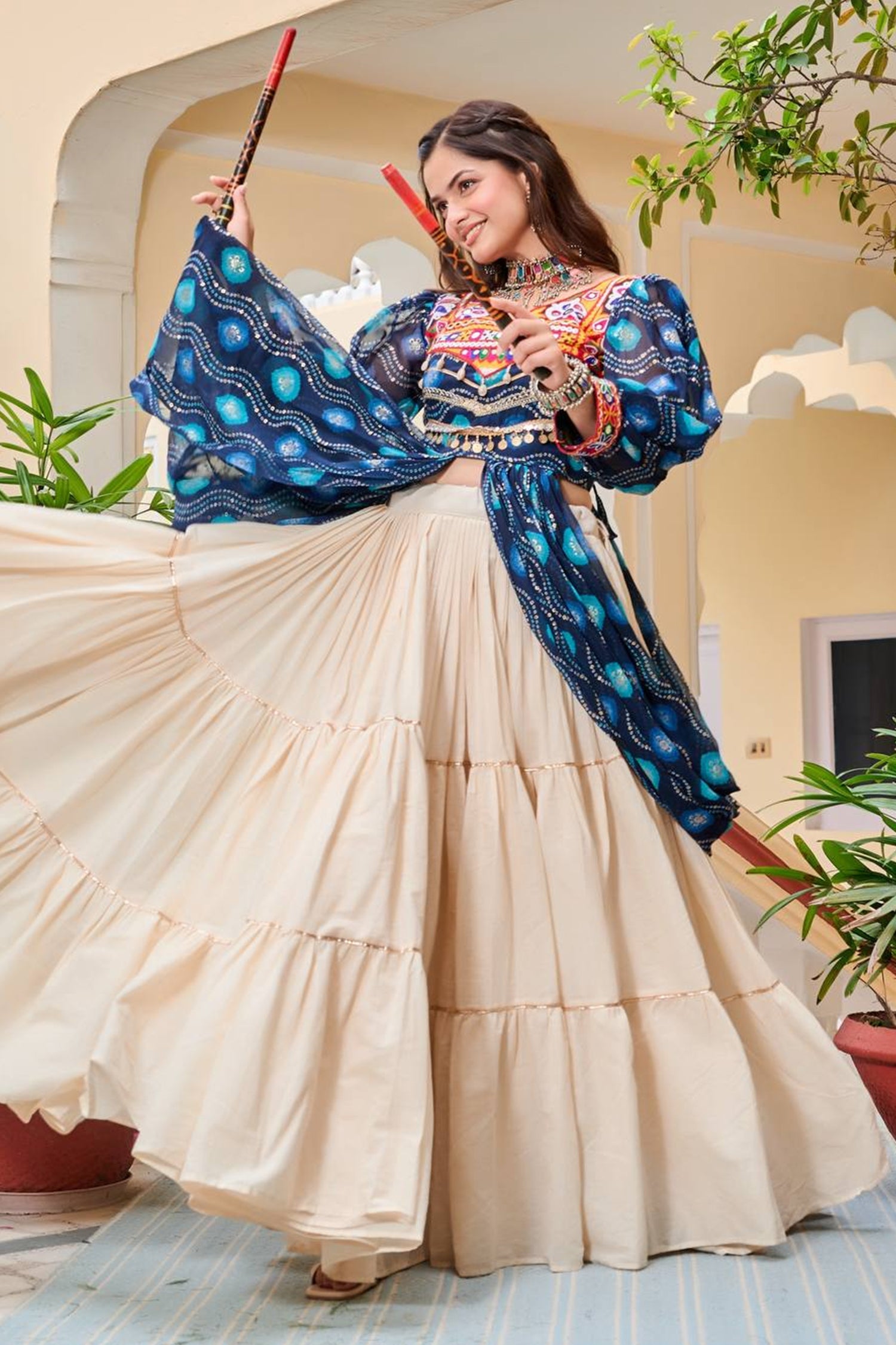 Blue Cotton Kachchi Work Shrug with Plain Lehenga