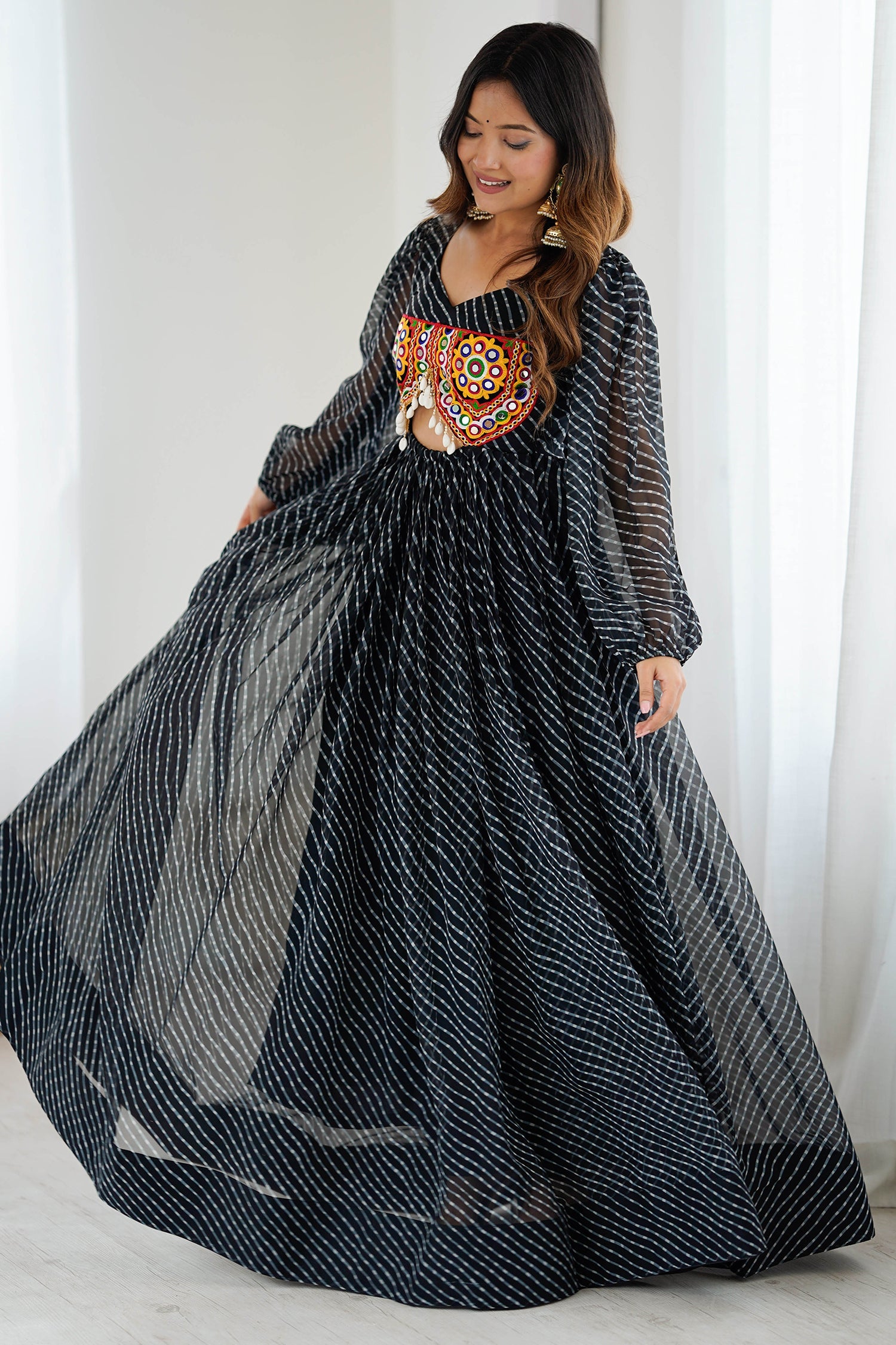 Black Georgette Leheriya Kurti with Kachchi Work