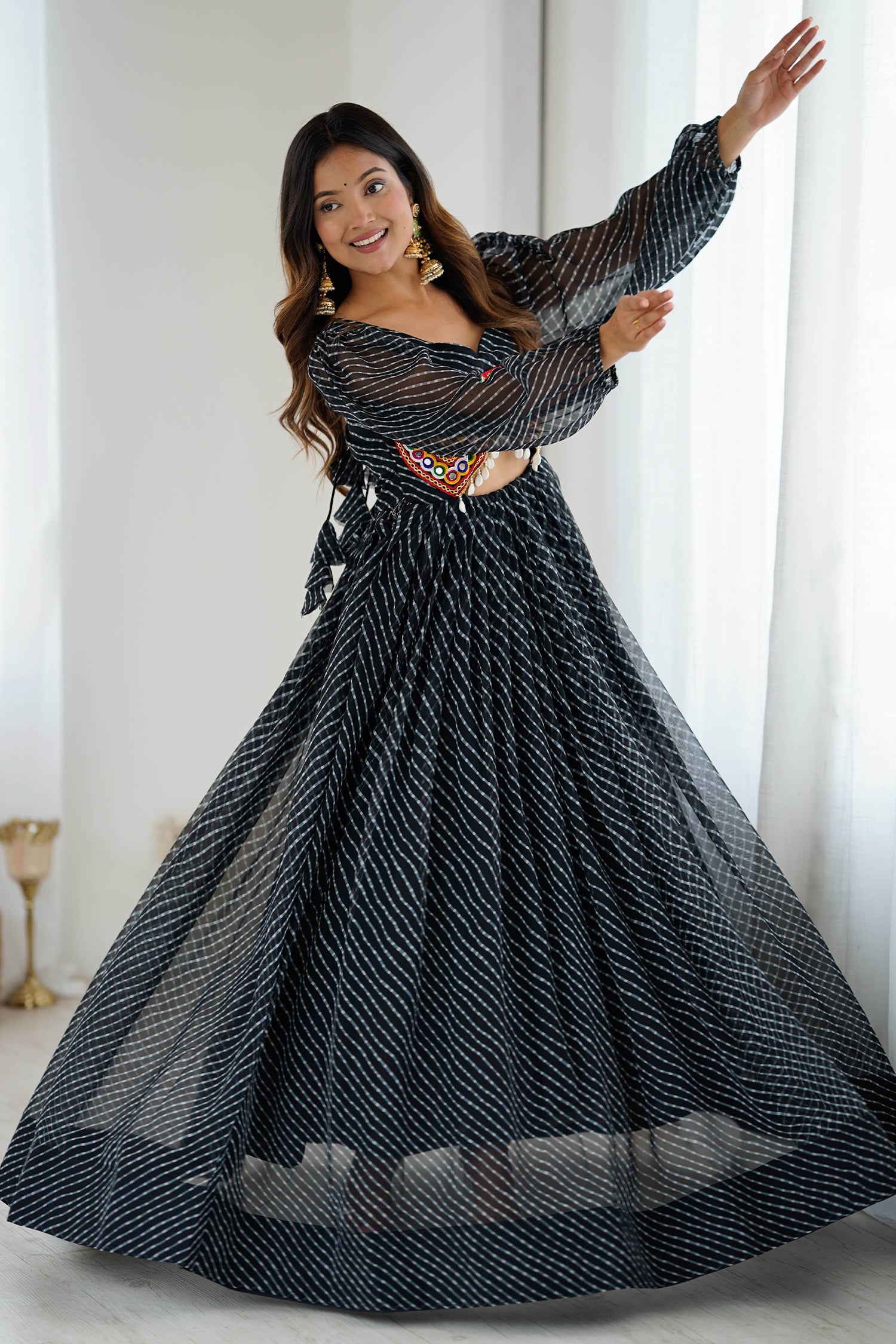 Black Georgette Leheriya Kurti with Kachchi Work